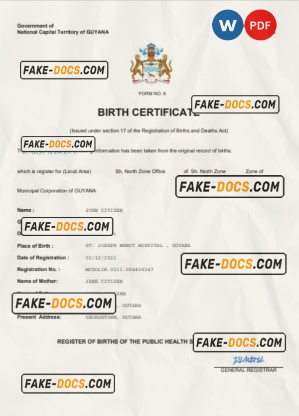 Guyana vital record birth certificate Word and PDF template, completely editable scan