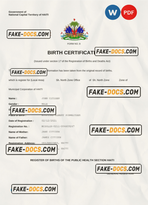 Haiti vital record birth certificate Word and PDF template, completely editable scan