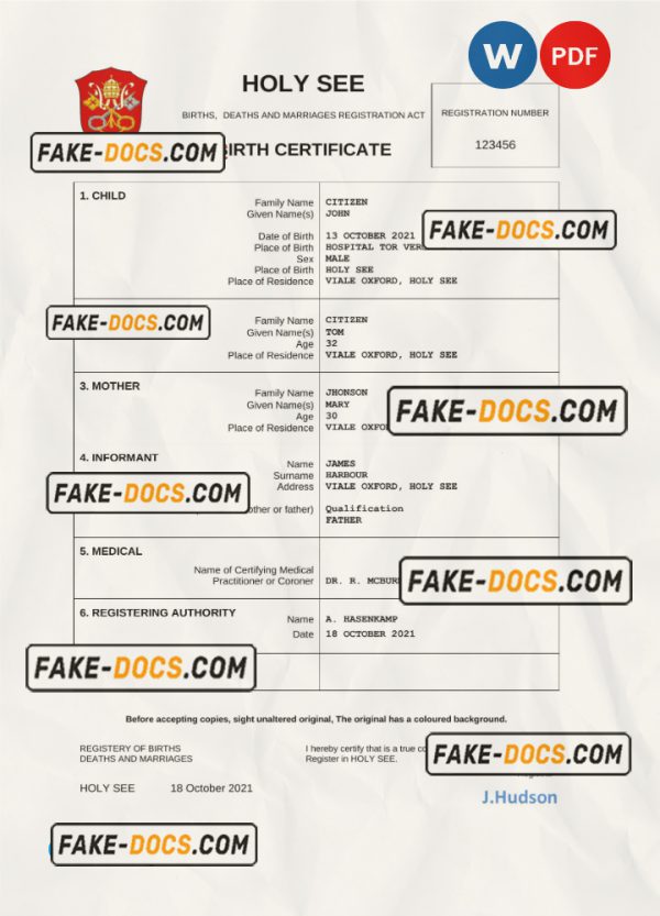 Holy See vital record birth certificate Word and PDF template, completely editable scan