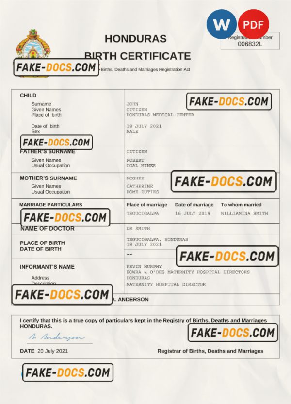 Honduras birth certificate Word and PDF template, completely editable scan