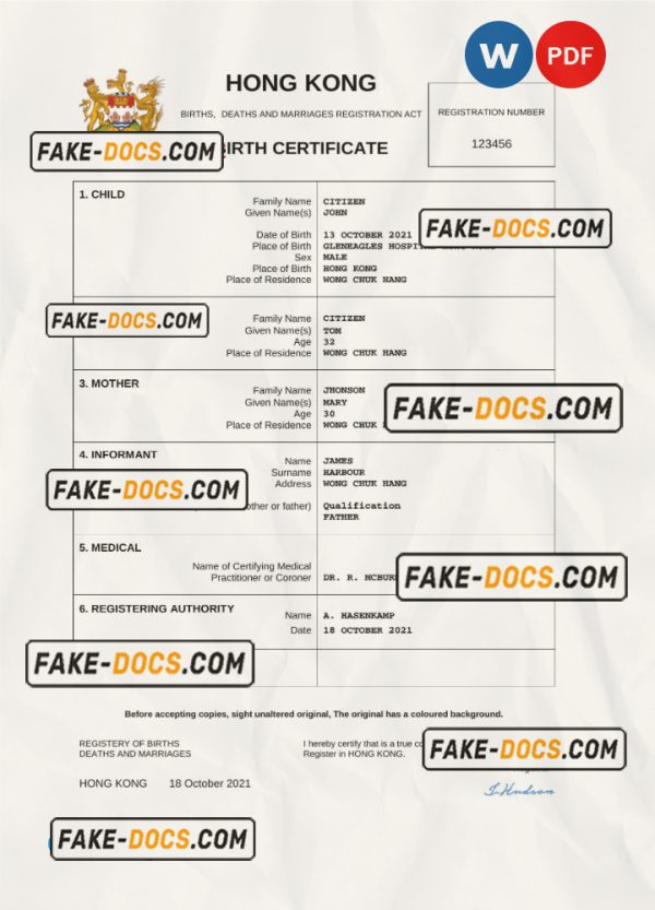 Hong Kong birth certificate Word and PDF template, completely editable scan