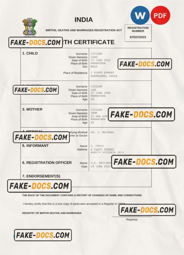 India vital record birth certificate Word and PDF template, completely editable scan