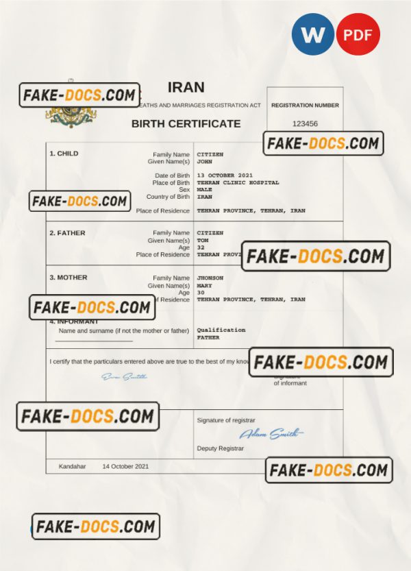 Iran vital record birth certificate Word and PDF template, completely editable scan