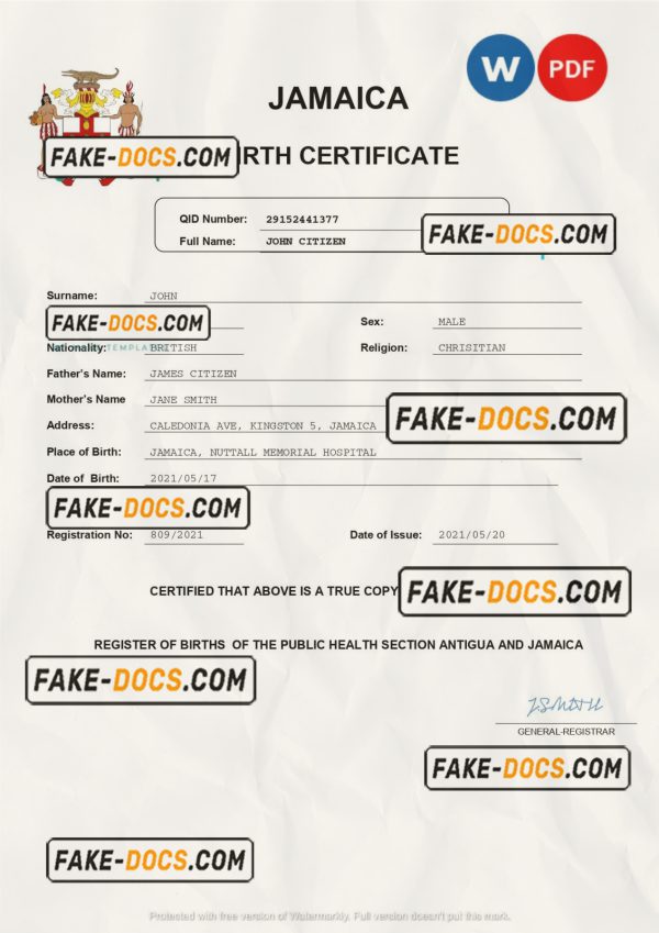 Jamaica vital record birth certificate Word and PDF template, completely editable scan