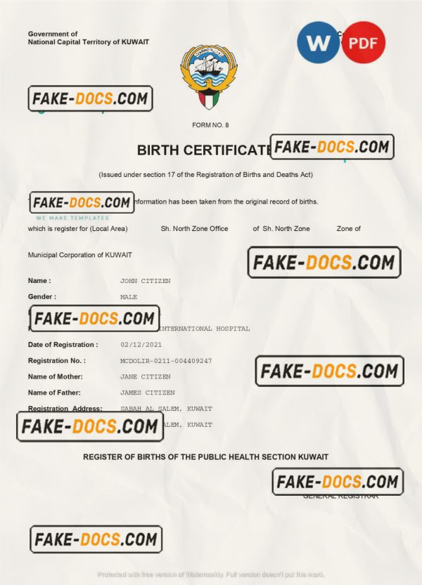 Kuwait vital record birth certificate Word and PDF template, completely editable scan