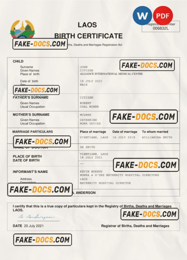Laos birth certificate Word and PDF template, completely editable scan
