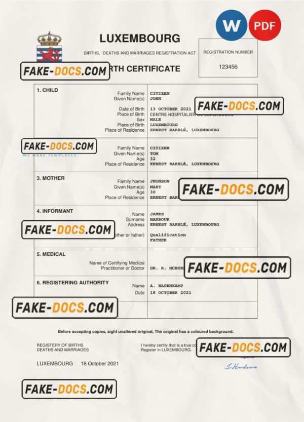 Luxembourg birth certificate Word and PDF template, completely editable scan