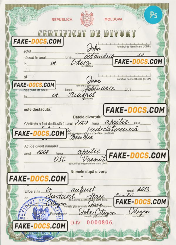 MOLDOVA vital record divorce certificate PSD template scan