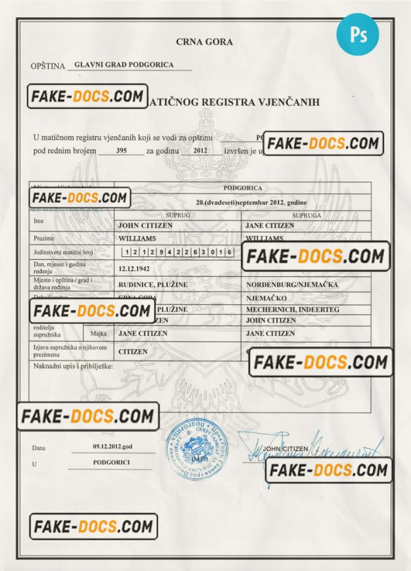 MONTENEGRO (Crna Gora) marriage certificate PSD template, fully editable scan