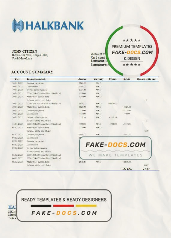 Macedonia Halkbank bank statement template in Word and PDF format Macedonia Halkbank bank statement template in Word and PDF format