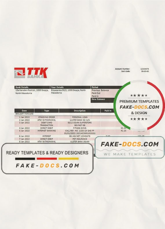 Macedonia TTK bank statement template in Word and PDF format Macedonia TTK bank statement template in Word and PDF format
