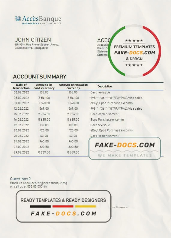 Madagascar Acces Banque bank statement template in Word and PDF format Madagascar Acces Banque bank statement template in Word and PDF format