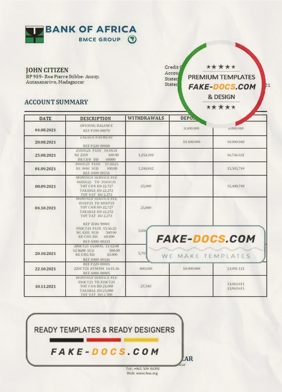 Madagascar Bank of Africa bank statement template in Word and PDF format Madagascar Bank of Africa bank statement template in Word and PDF format