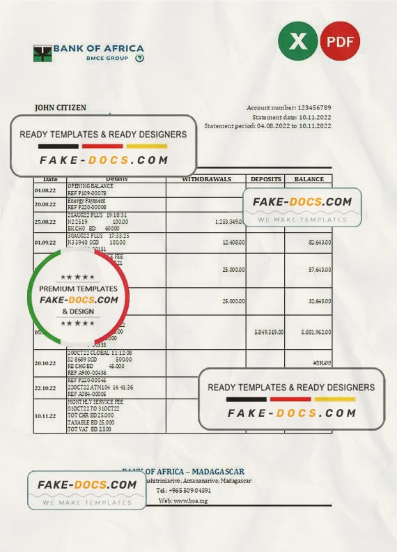 Madagascar Bank of Africa bank statement Excel and PDF template Madagascar Bank of Africa bank statement Excel and PDF template