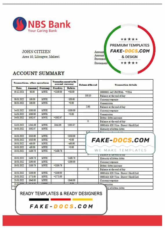 Malawi NBS bank statement template in Word and PDF format Malawi NBS bank statement template in Word and PDF format