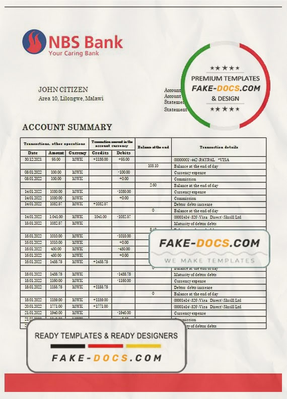 Malawi NBS bank statement template in Word and PDF format Malawi NBS bank statement template in Word and PDF format