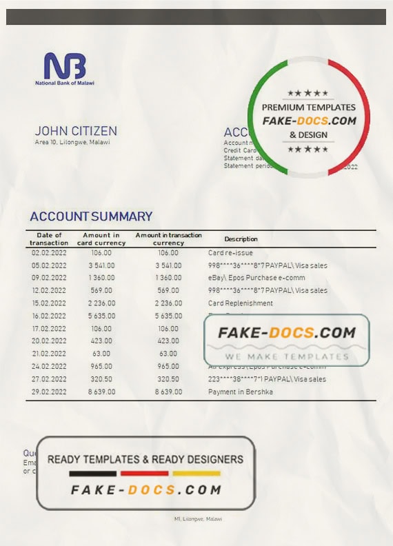 Malawi National Bank of Malawi bank statement template in Word and PDF format Malawi National Bank of Malawi bank statement template in Word and PDF format