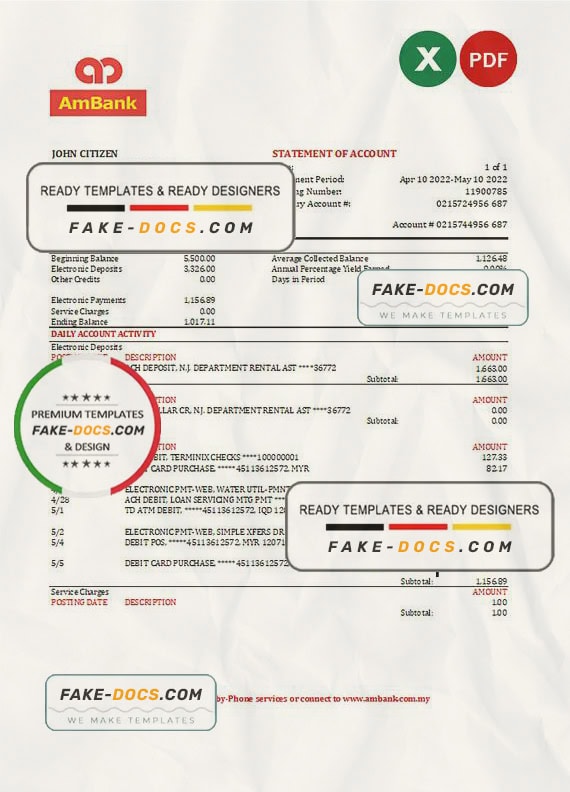 Malaysia AmBank bank statement Excel and PDF template Malaysia AmBank bank statement Excel and PDF template