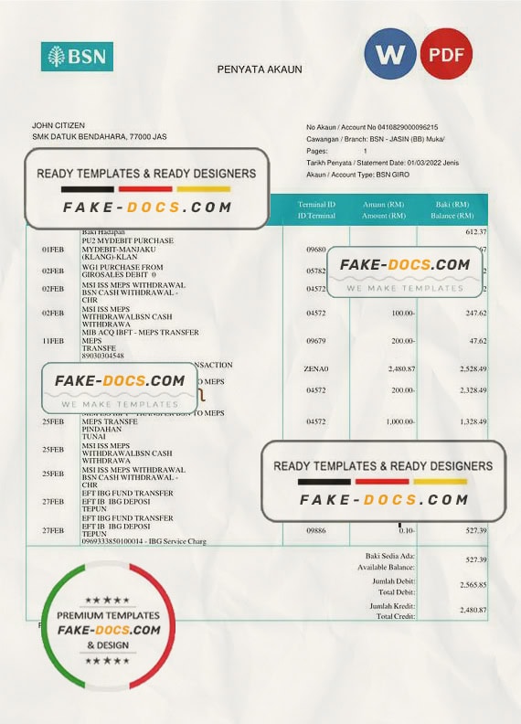 Malaysia BSN bank account statement (penyata akaun), Word and PDF template (in English and in Malay languages) Malaysia BSN bank account statement (penyata akaun), Word and PDF template (in English and in Malay languages)
