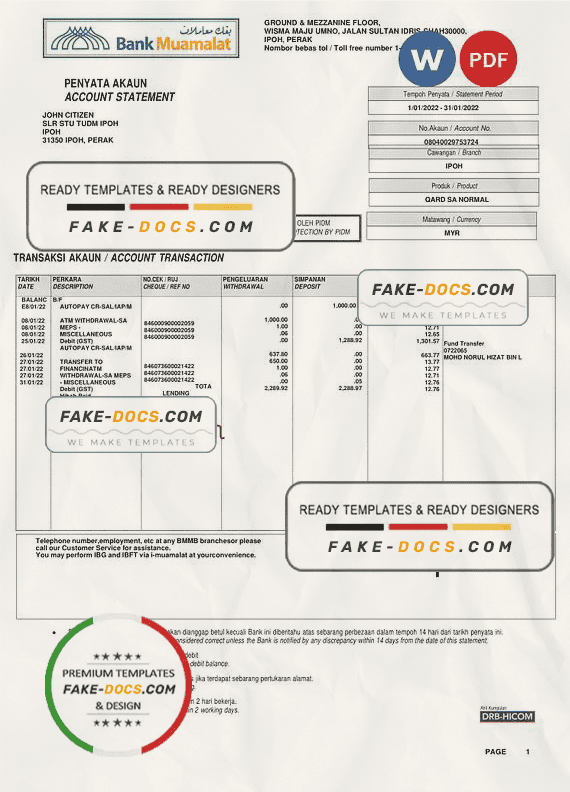 Malaysia Bank Muamalat bank account statement, Word and PDF template Malaysia Bank Muamalat bank account statement, Word and PDF template
