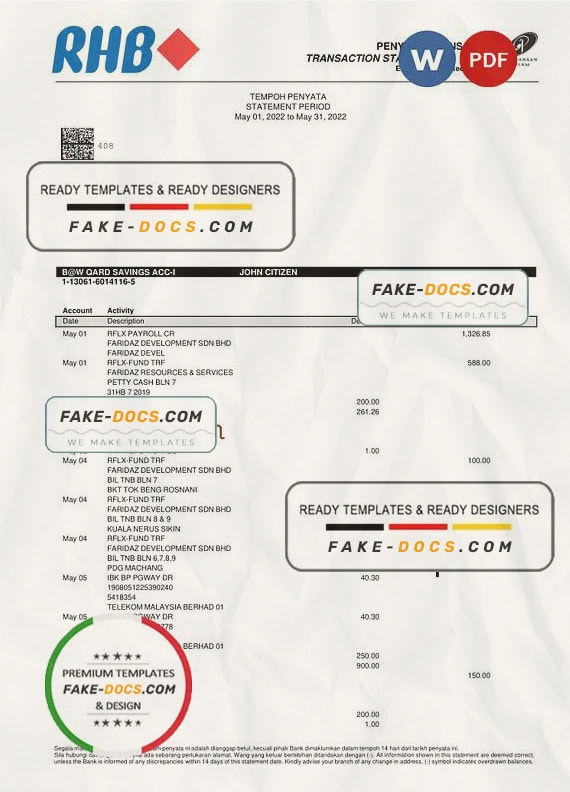 Malaysia Islamic RHB bank statement, Word and PDF template Malaysia Islamic RHB bank statement, Word and PDF template