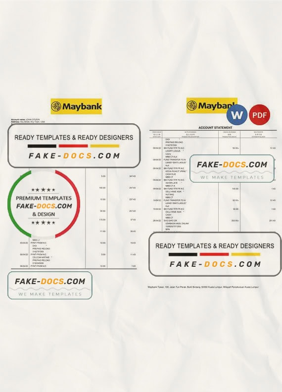 Malaysia Maybank bank statement Word and PDF template, 2 pages Malaysia Maybank bank statement Word and PDF template, 2 pages