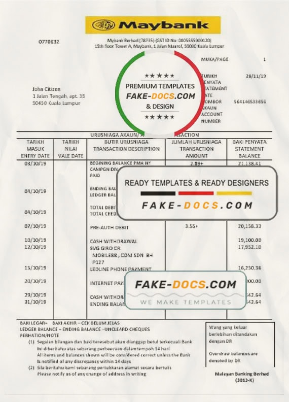 Malaysia Maybank bank statement template, Word and PDF format (.doc and .pdf) Malaysia Maybank bank statement template, Word and PDF format (.doc and .pdf)