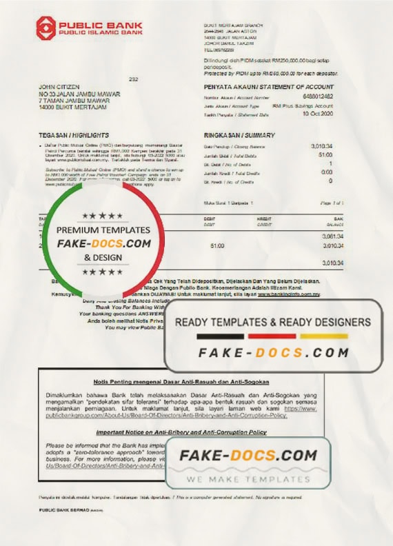 Malaysia Public bank statement template in Word and PDF format Malaysia Public bank statement template in Word and PDF format