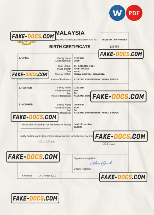Malaysia vital record birth certificate Word and PDF template, completely editable scan