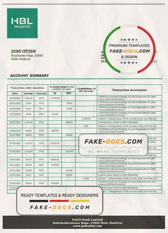 Maldives HBL bank statement template in Word and PDF format Maldives HBL bank statement template in Word and PDF format