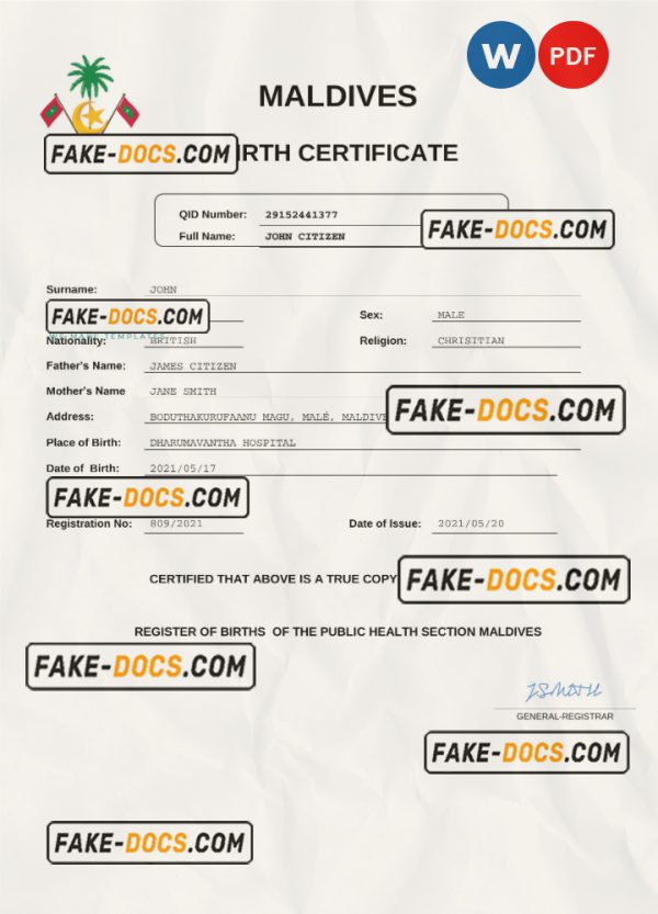 Maldives birth certificate Word and PDF template, completely editable scan