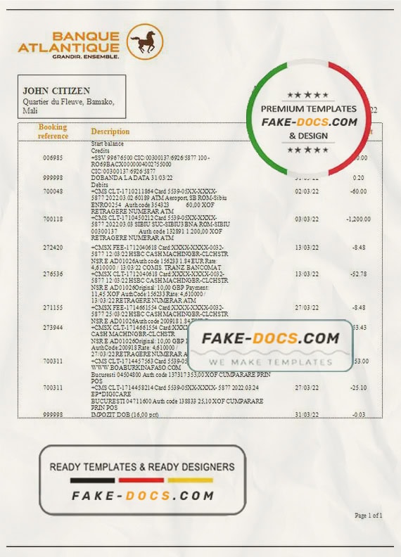 Mali Banque Atlantiaque bank statement template in Word and PDF format, .doc and .pdf format Mali Banque Atlantiaque bank statement template in Word and PDF format, .doc and .pdf format