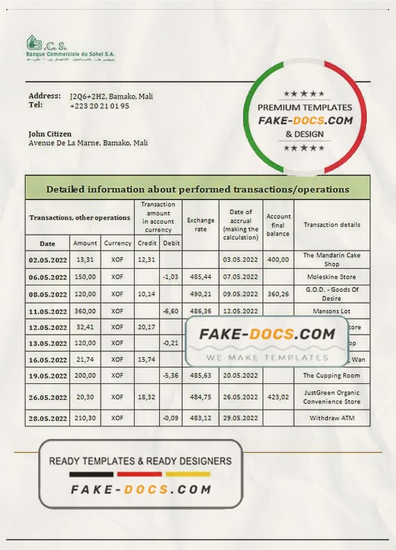 Mali Banque Commerciale du Sahel bank statement template in Word and PDF format, .doc and .pdf format Mali Banque Commerciale du Sahel bank statement template in Word and PDF format, .doc and .pdf format