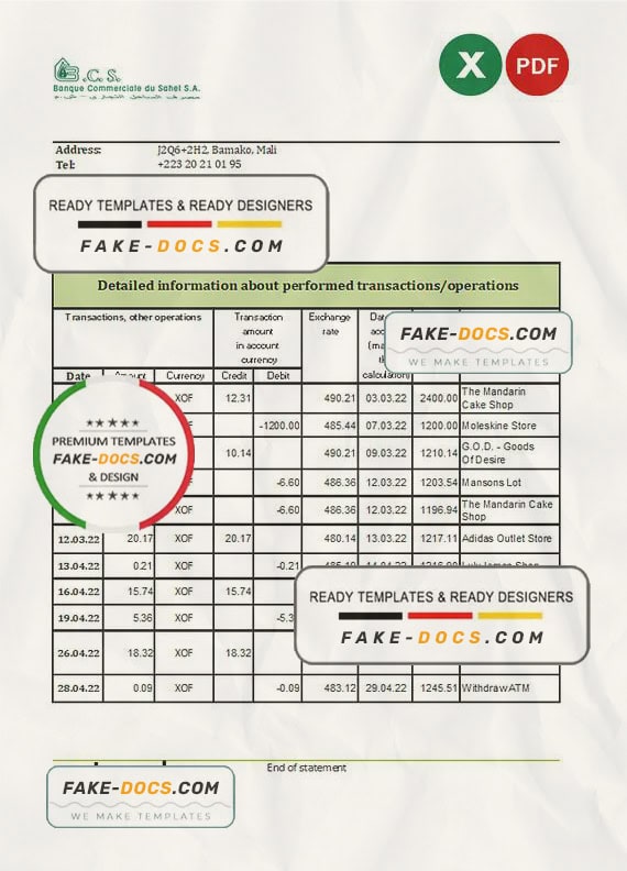 Mali Banque Commerciale du Sahel bank statement Excel and PDF template Mali Banque Commerciale du Sahel bank statement Excel and PDF template