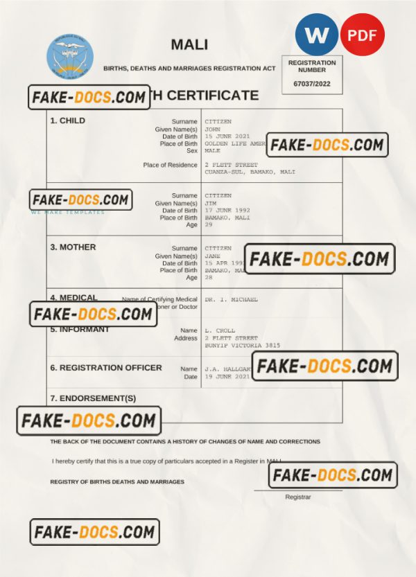 Mali vital record birth certificate Word and PDF template, completely editable scan