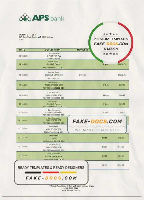 Malta APS bank statement template in Word and PDF format Malta APS bank statement template in Word and PDF format