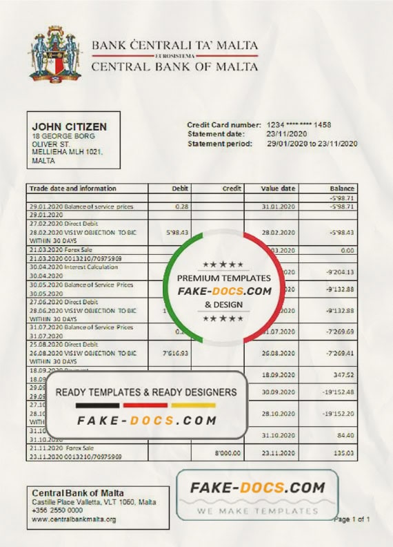 Malta Central Bank of Malta bank statement template in Word and PDF format Malta Central Bank of Malta bank statement template in Word and PDF format