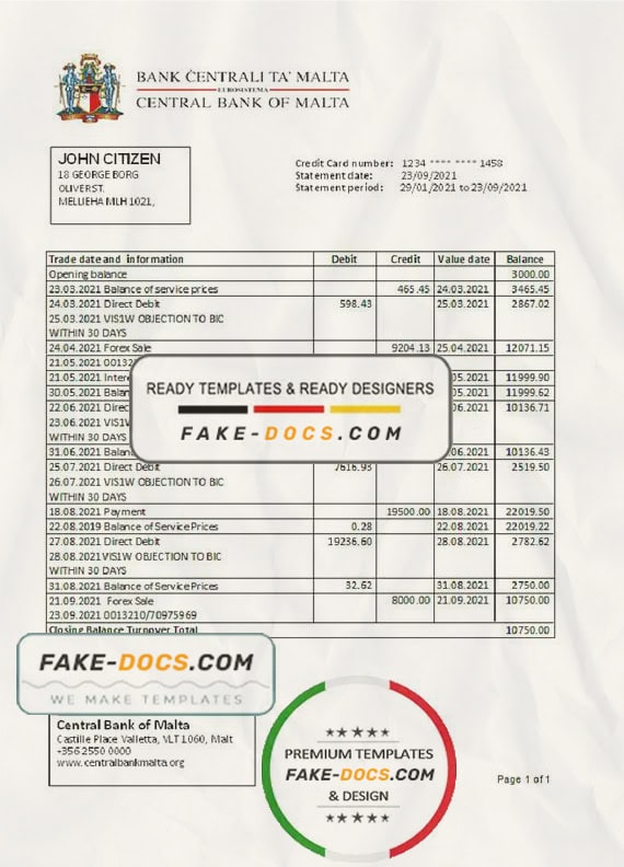 Malta Central Bank of Malta bank statement easy to fill template in Excel and PDF format Malta Central Bank of Malta bank statement easy to fill template in Excel and PDF format
