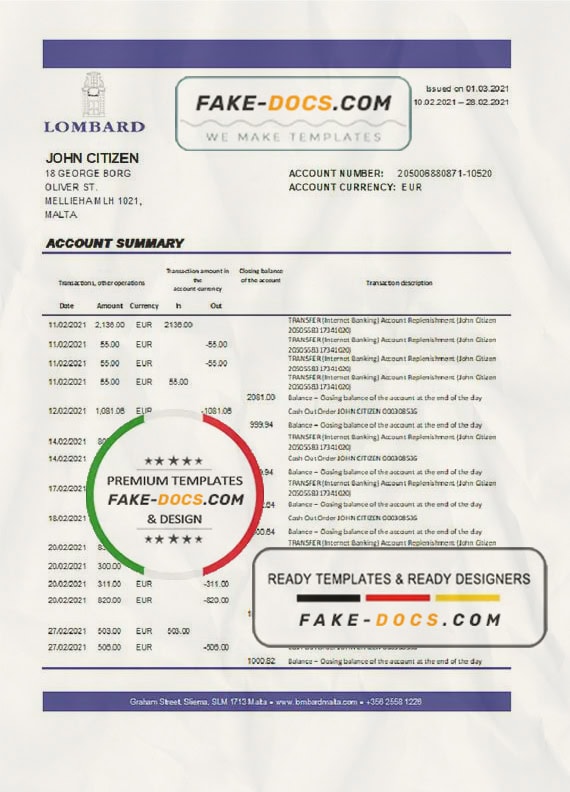 Malta Lombard Bank Malta p.l.c. bank statement easy to fill template in .xls and .pdf file format Malta Lombard Bank Malta p.l.c. bank statement easy to fill template in .xls and .pdf file format