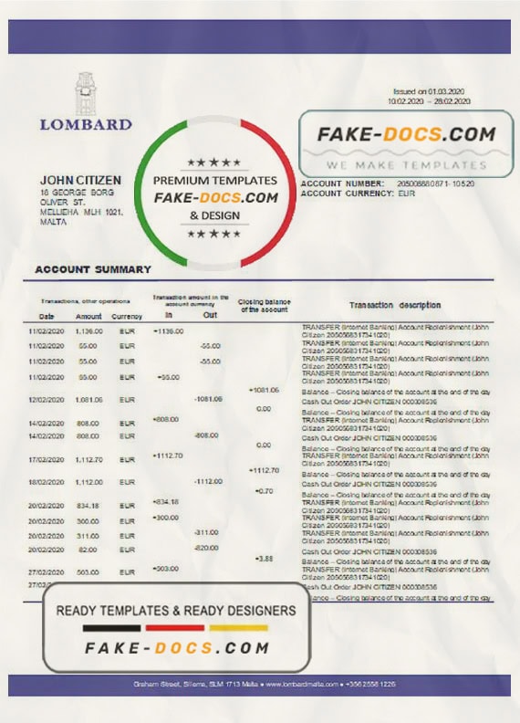 Malta Lombard Bank Malta p.l.c bank statement template in Word and PDF format Malta Lombard Bank Malta p.l.c bank statement template in Word and PDF format
