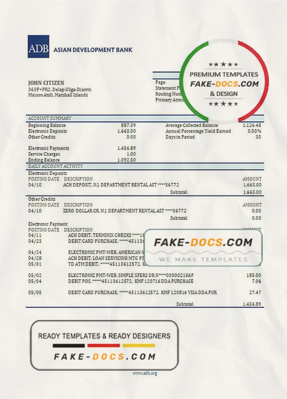 Marshall Islands ADB bank statement template in Word and PDF format Marshall Islands ADB bank statement template in Word and PDF format