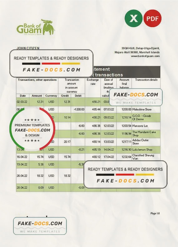 Marshall Islands Bank of Guam bank statement Excel and PDF template Marshall Islands Bank of Guam bank statement Excel and PDF template