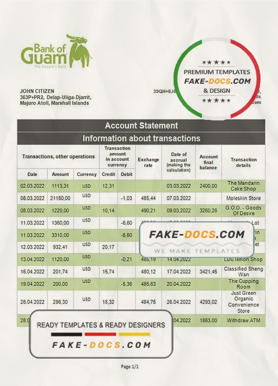 Marshall Islands Bank of Guam bank statement template in Word and PDF format Marshall Islands Bank of Guam bank statement template in Word and PDF format
