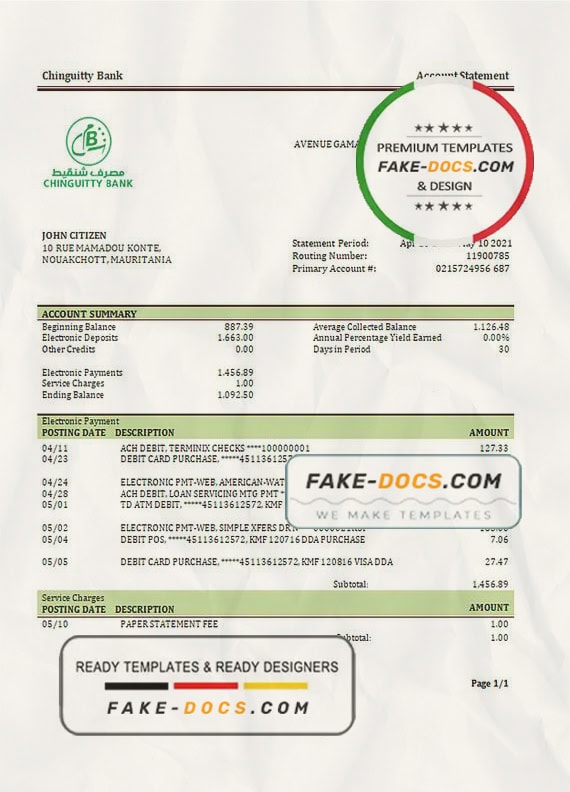 Mauritania Chinguitty bank statement template in Word and PDF format Mauritania Chinguitty bank statement template in Word and PDF format