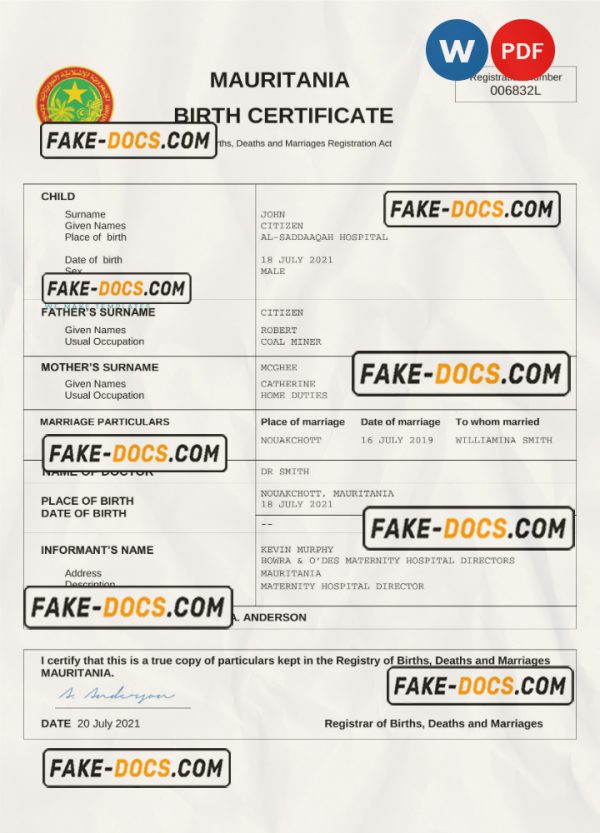 Mauritania birth certificate Word and PDF template, completely editable scan