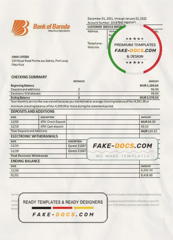 Mauritius Bank of Boroda bank statement template in Word and PDF format Mauritius Bank of Boroda bank statement template in Word and PDF format