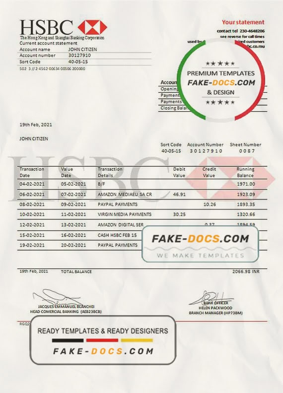 Mauritius HSBC bank statement template in Word and PDF format Mauritius HSBC bank statement template in Word and PDF format