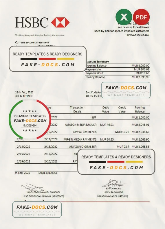 Mauritius HSBC bank statement Excel and PDF template Mauritius HSBC bank statement Excel and PDF template