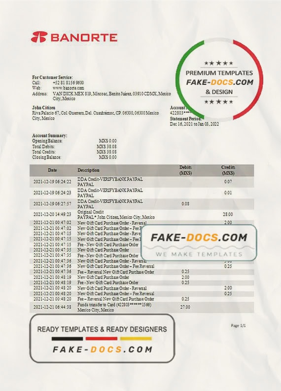 Mexico Banorte bank statement template in Word and PDF format Mexico Banorte bank statement template in Word and PDF format