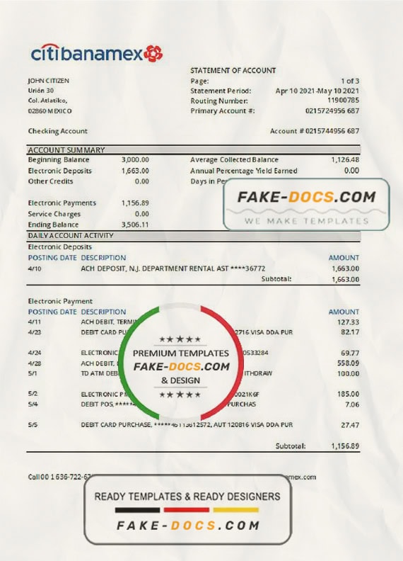 Mexico Citibanamex bank statement easy to fill template in .xls and .pdf file format Mexico Citibanamex bank statement easy to fill template in .xls and .pdf file format